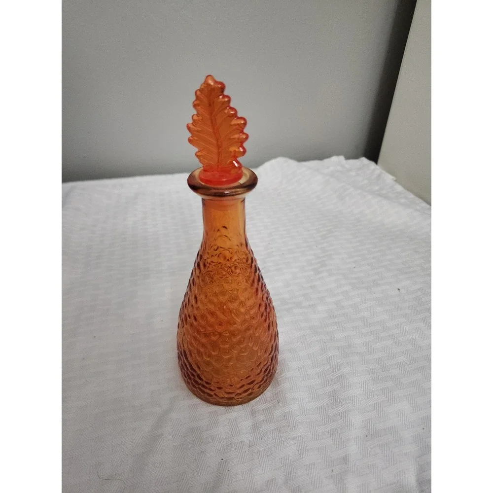 Amber Glass Hobnail Bottle with Leaf Stopper Autumn Fall Decor Orange Bud Vase